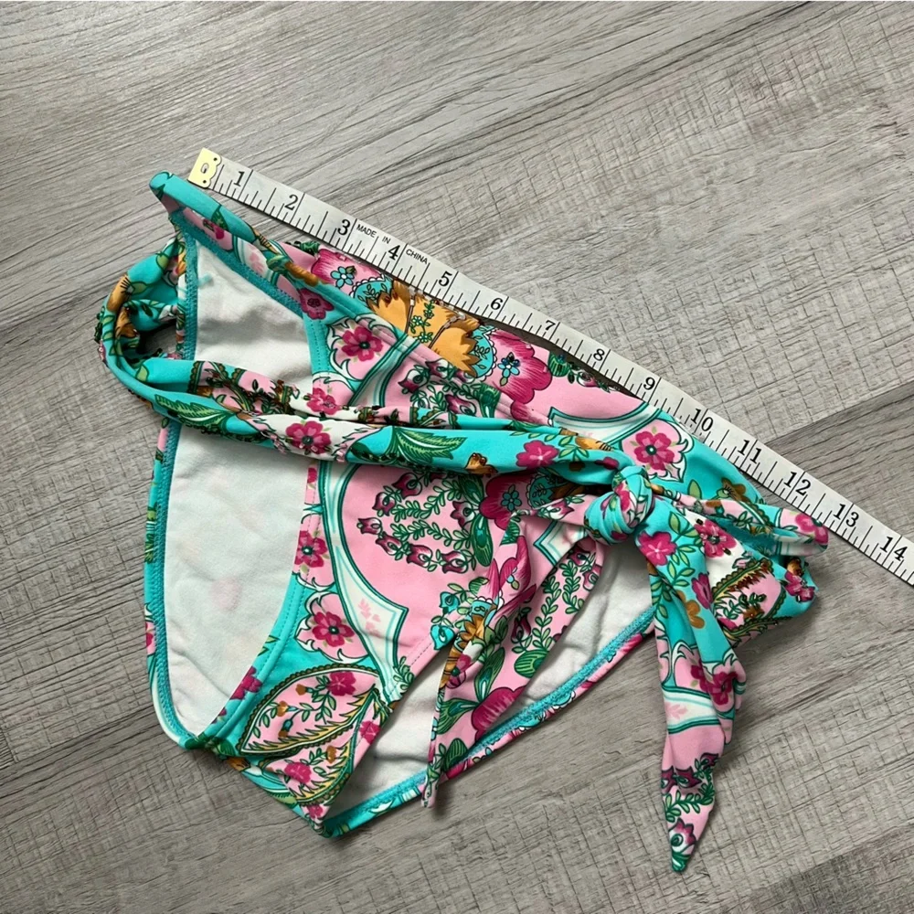 CIA.MARÍTIMA BRASIL Beaded Side Tie Floral Pink Turquoise Bikini Bottom Medium